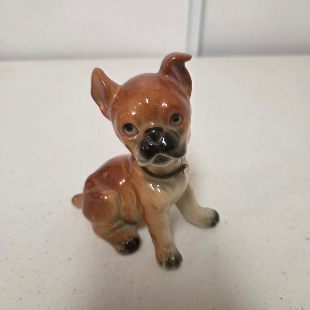 Vintage Boxer Dog Figurine Porcelain Ceramic Puppy with Metal Name Tag Collar